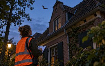 vrouw met oranje hesje voor huis in de avond een vleermuis vliegt over