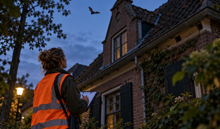 vrouw met oranje hesje voor huis in de avond een vleermuis vliegt over